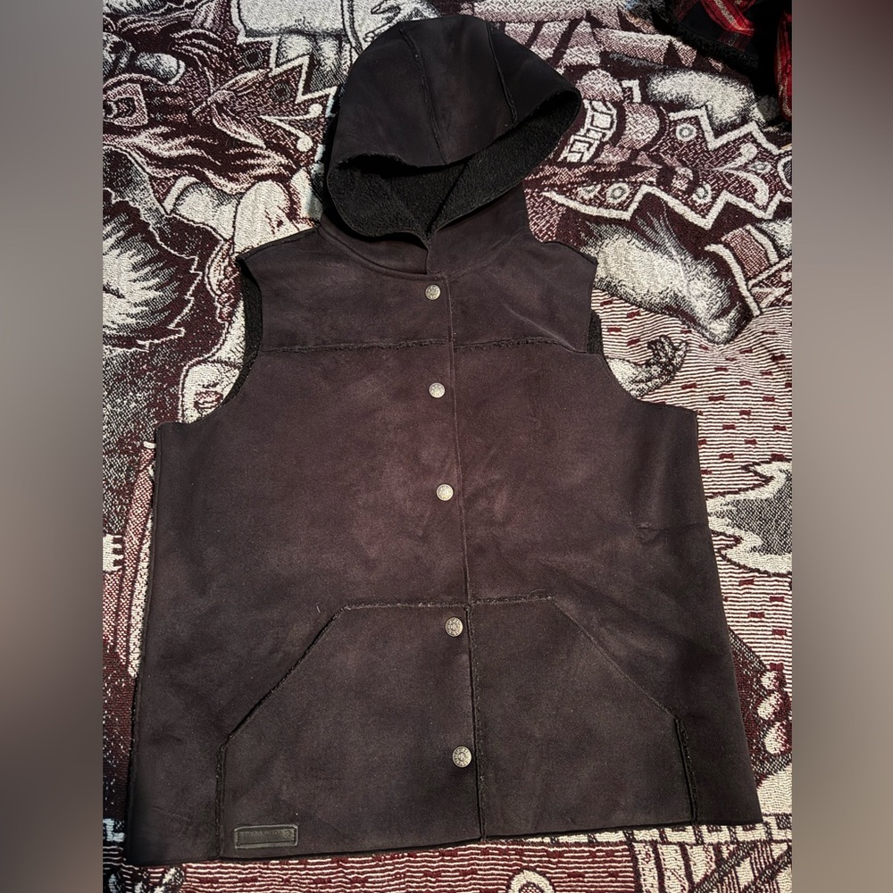 Ralph Lauren Faux Suede/Shearling Hooded Vest, Black, Womens Large, Sherpa Lined